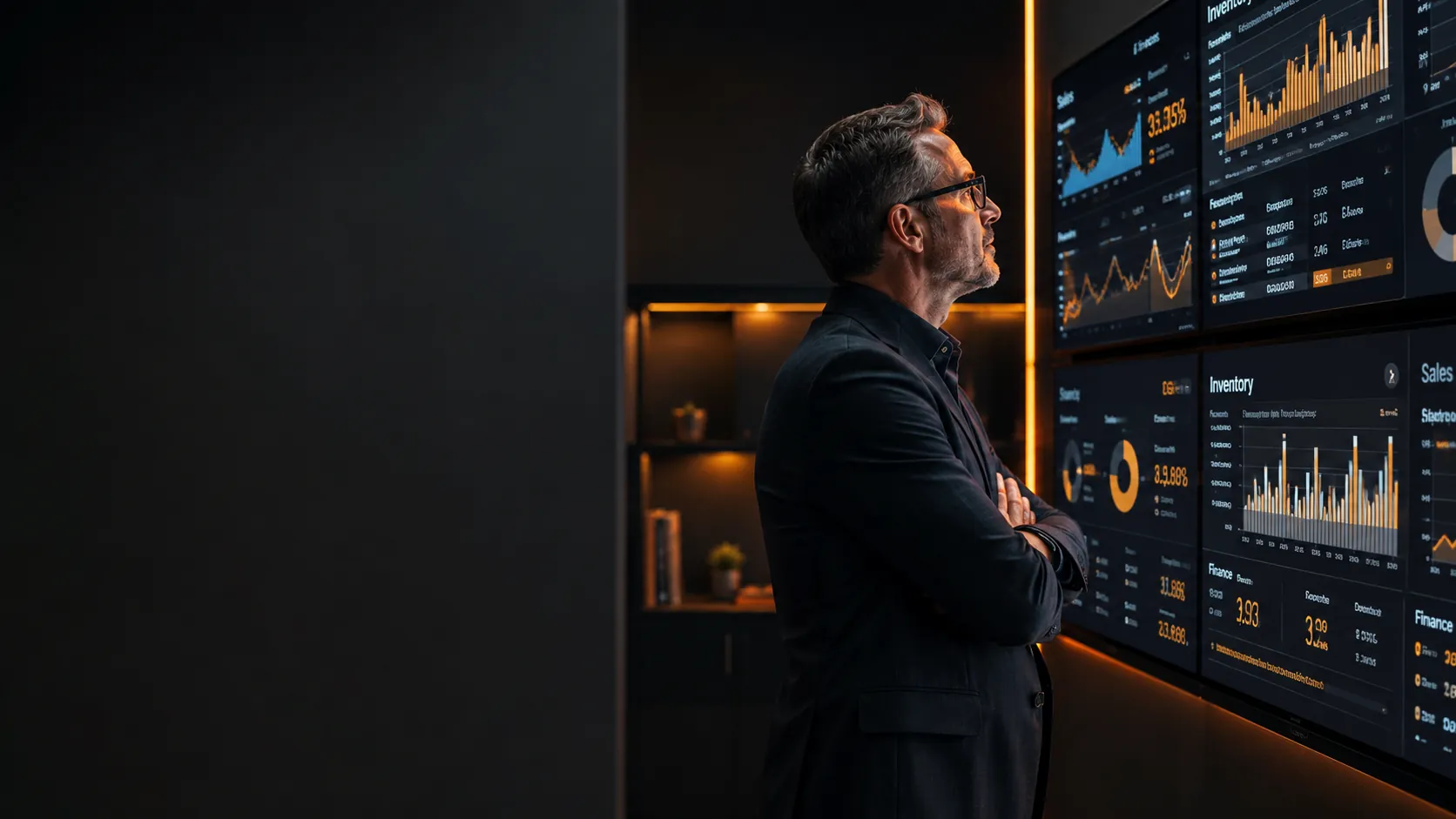 Manager de operațiuni urmărind dashboards pe mai multe monitoare cu date de stocuri, vânzări și finanțe, birou întunecat