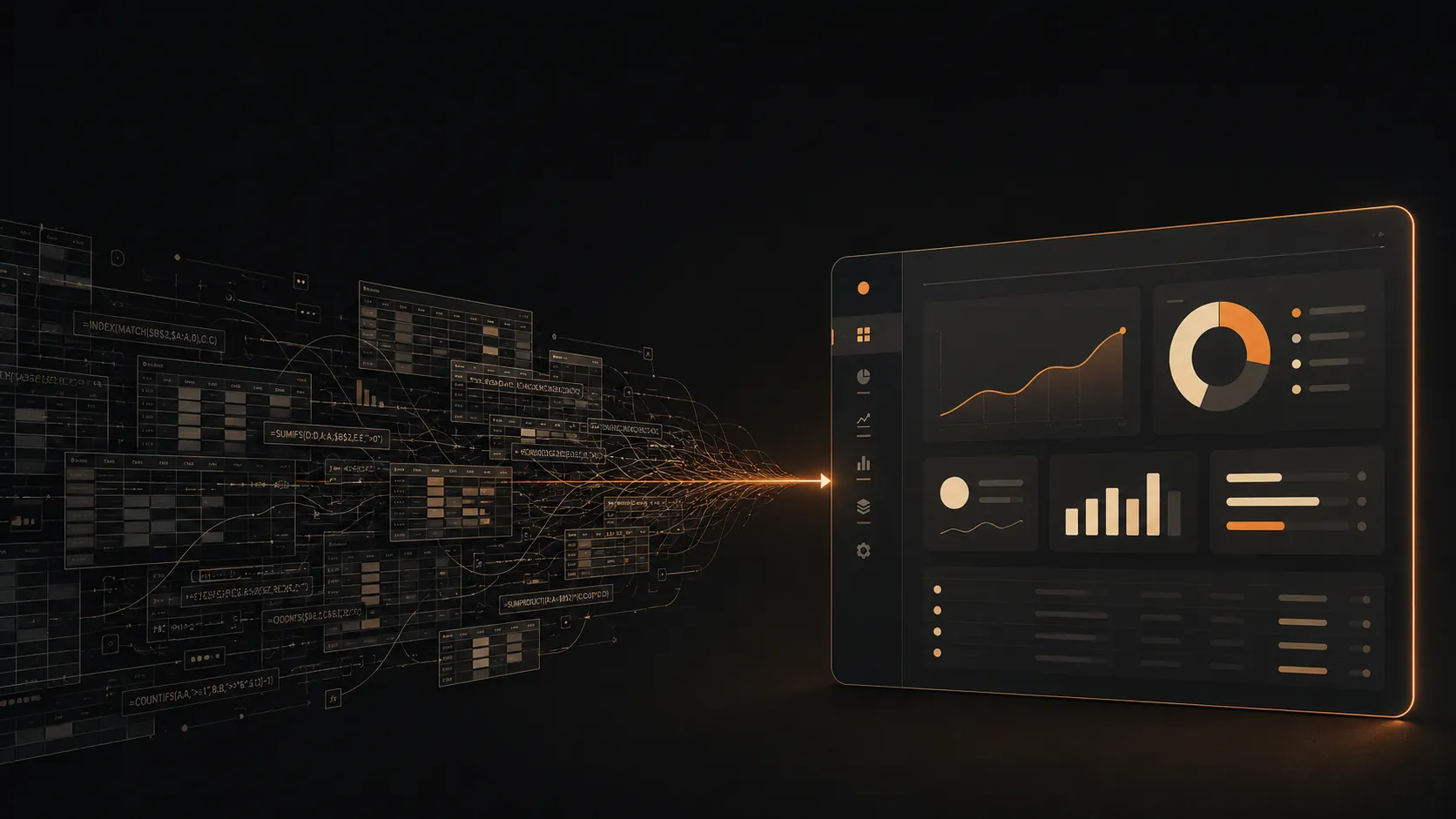 Foi de calcul Excel suprapuse care se transformă într-un dashboard de aplicație internă, pe fundal antracit